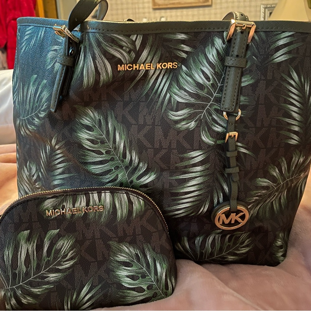 Authentic Michael Kors tote with matching makeup bag